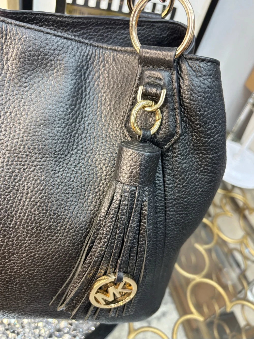 Michael Kors Black Pebbled Leather Tote with Tassel